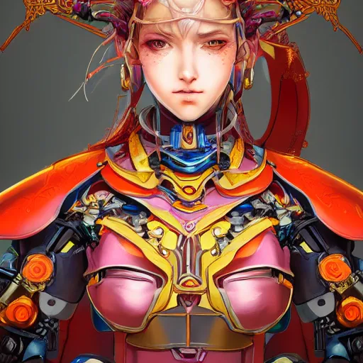 Image similar to studio portrait of lawful good colorful female holy mecha paladin absurdly beautiful, elegant, young sensual graceful woman, ultrafine hyperrealistic detailed face illustration by kim jung gi, irakli nadar, intricate linework, sharp focus, bright colors, matte, octopath traveler, final fantasy, unreal engine highly rendered, global illumination, radiant light, intricate environment