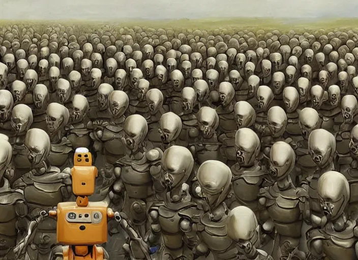 Prompt: very detailed painting humanoid robot army propaganda dictator convincing other robots of overthrowing humans