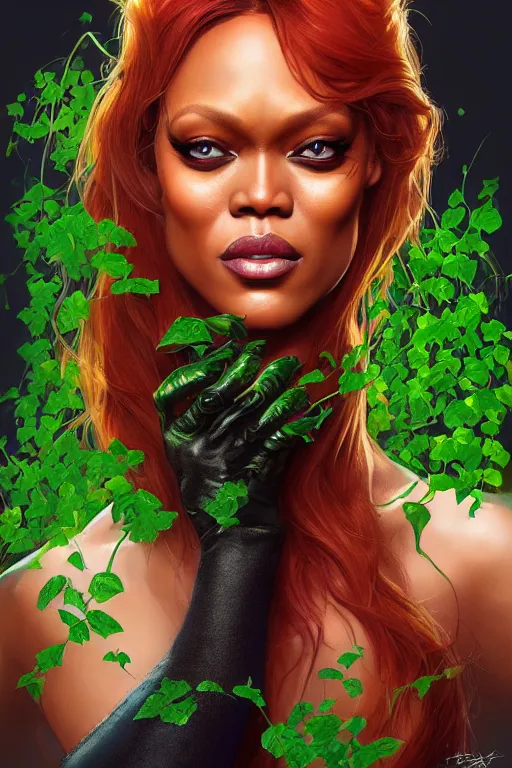 Prompt: tyra banks as poison ivy, realistic portrait, symmetrical, highly detailed, digital painting, artstation, concept art, smooth, sharp focus, illustration, cinematic lighting, art by artgerm and greg rutkowski and alphonse mucha