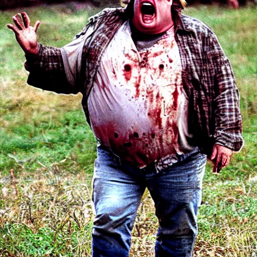 Prompt: chris farley as an actor on walking dead killing zombies highly realistic photo