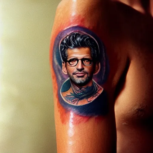Prompt: tattoo on arm of jeff goldblum, cinestill, 800t, 35mm, full-HD