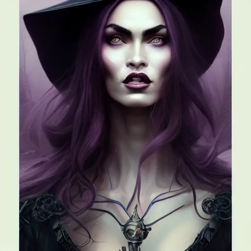 Prompt: an insanely detailed portrait of a beautiful witch that looks like megan fox with long dark purple hair, wearing black witch hat, beautiful detailed eyes, in the style of peter mohrbacher, artgerm, dramatic lighting and composition, octane render, trending on artstation, concept art
