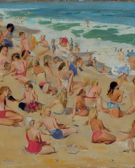 Image similar to a crowd of blonde women, beach