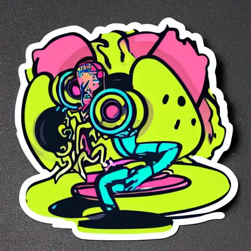 Image similar to svg sticker of a Pop-Wonder Alien-Bog-Monster-Swamp-Rat-Thunder-Coot-Racing-Fan at a rave, spinning records, giant headphones rocking out, wearing headphones, huge speakers, dancing, rave, DJ, spinning records, digital art, amazing composition, rule-of-thirds, award-winning, trending on artstation, featured on deviantart