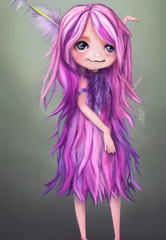 Image similar to little girl with eccentric pink hair wearing a dress made of purple feather, art by dcwj