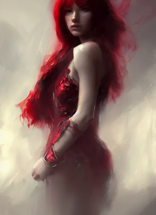 Prompt: a beautiful red - haired girl dressed as a superhero, intricate, elegant, highly detailed, digital painting, artstation, concept art, smooth, sharp focus, illustration, ethereal, misty, by jeremy mann, 8 k, octane render