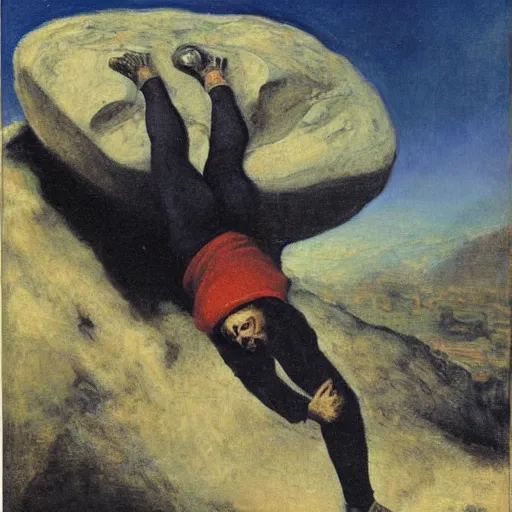 Image similar to a painting of benjamin netanyahu as sisyphus, carrying large boulder up a mountain, by franz stuck