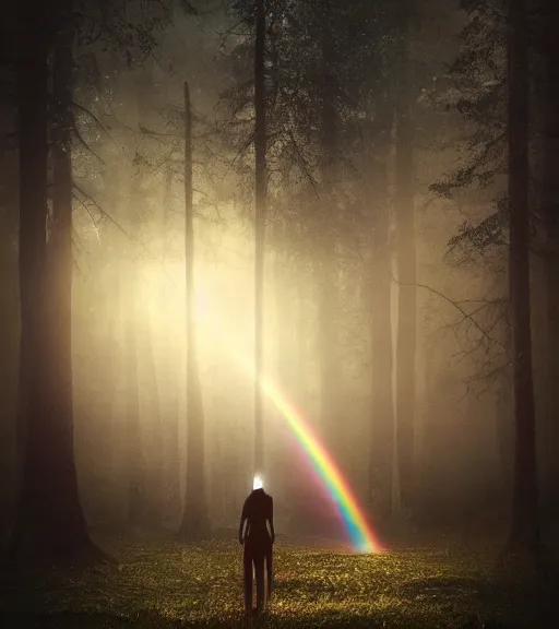 Prompt: night flashlight photography of the symmetric daydreaming of the big sun glare, fluid big cotton sheets floating in the center of the air, cyberpunk forest, majestic light, octane render, beauty fog, ethereal glare of the sun, raining rainbow, volumetric lighting, hyperealistic, epic, masterpiece