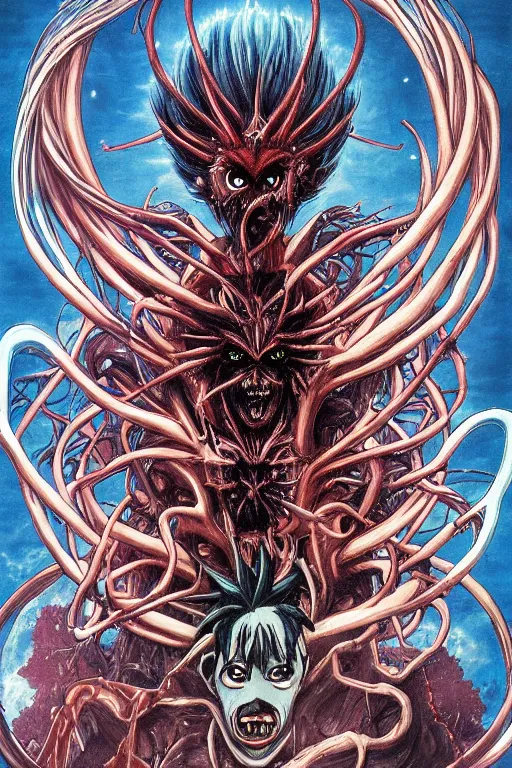 Prompt: Anime Character ryuk in the center giygas epcotinside a space station eye of providence Beksinski Finnian vivid HR Giger to eye hellscape mind character Environmental