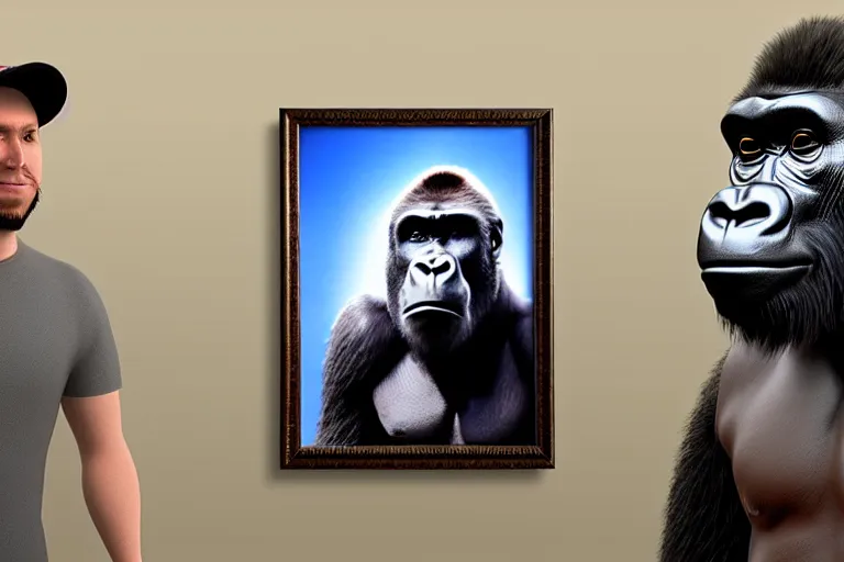 Prompt: Gorilla standing beside a framed portrait of a man wearing a novelty cap with a propeller, hyperrealistic, concept art, 8k, artstation, cinematic, volumetric lighting