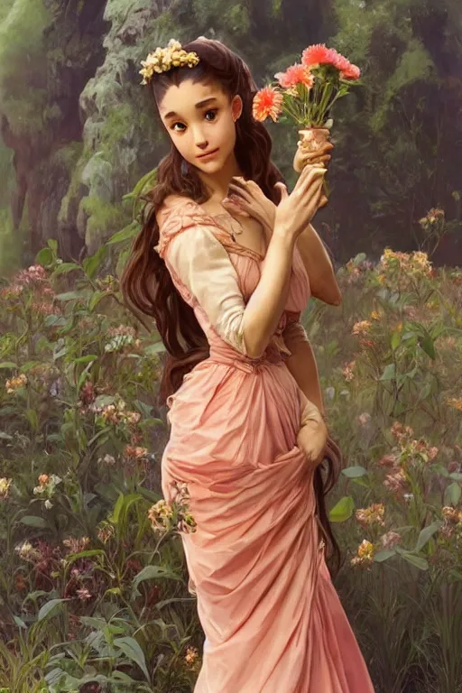 Image similar to beautiful cottagecore Ariana Grande holding a salmon colored vase. intricate, elegant. highly detailed, digital painting, artstation, concept art, smooth, sharp, focus, illustration. . art by artgerm and greg rutkowski and alphonse mucha