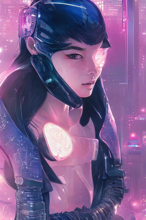 Image similar to portrait futuristic Ninja Girl, in future cyberpunk tokyo rooftop , ssci-fi, fantasy, intricate, very very beautiful, elegant, neon light, highly detailed, digital painting, artstation, concept art, smooth, sharp focus, illustration, art by tian zi and WLOP and alphonse mucha