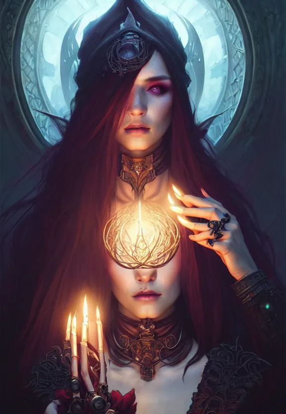 Image similar to Necromancer Sorceress in center, fantasy magic, undercut hairstyle, dark light night, intricate, elegant, sharp focus, illustration, highly detailed, digital painting, concept art, matte, art by WLOP and Artgerm and Greg Rutkowski and Alphonse Mucha, masterpiece