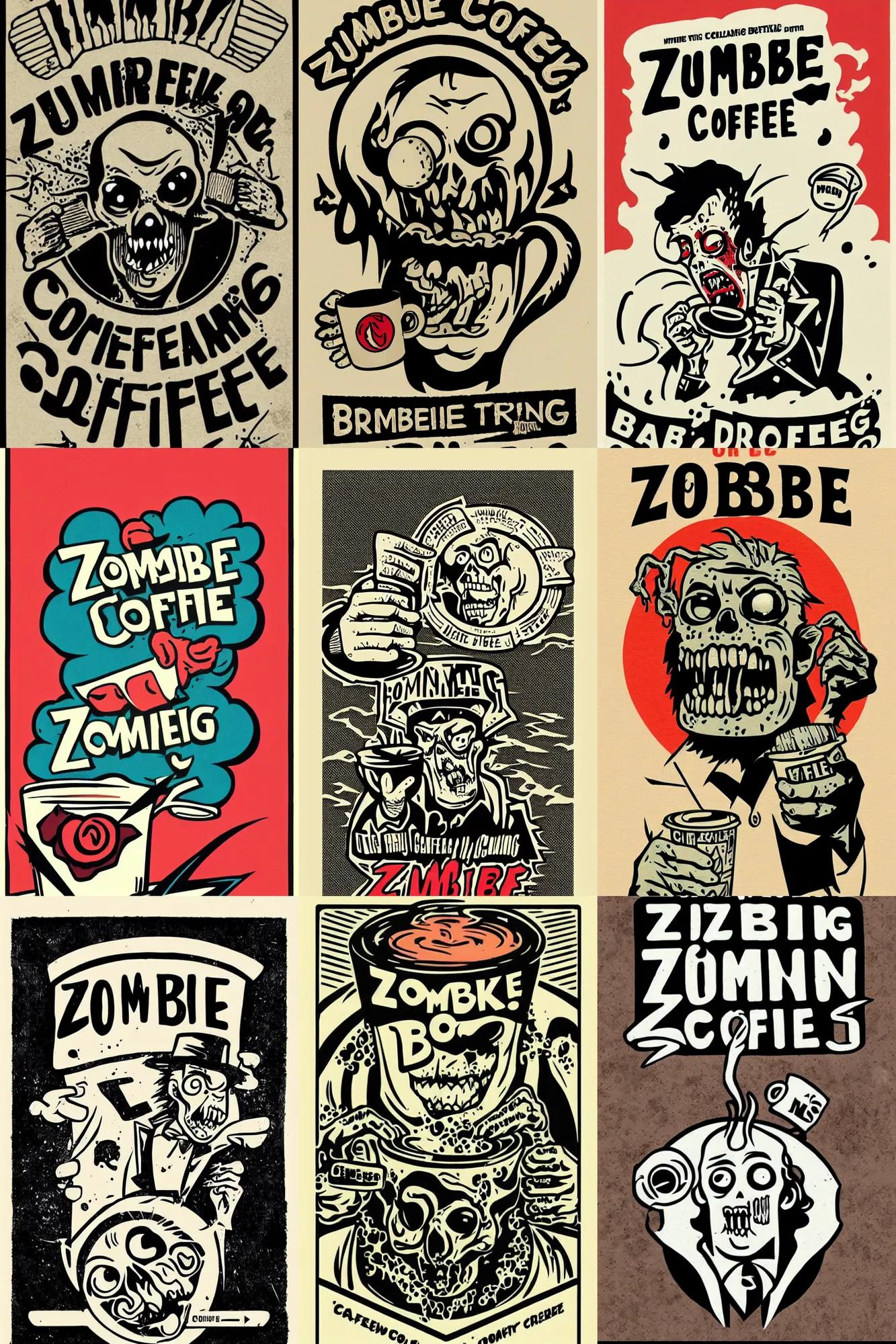 Image similar to zombie drinking coffee logo, take away coffee, by mcbess, full colour print, vintage colours, lightning bolts, 1950s