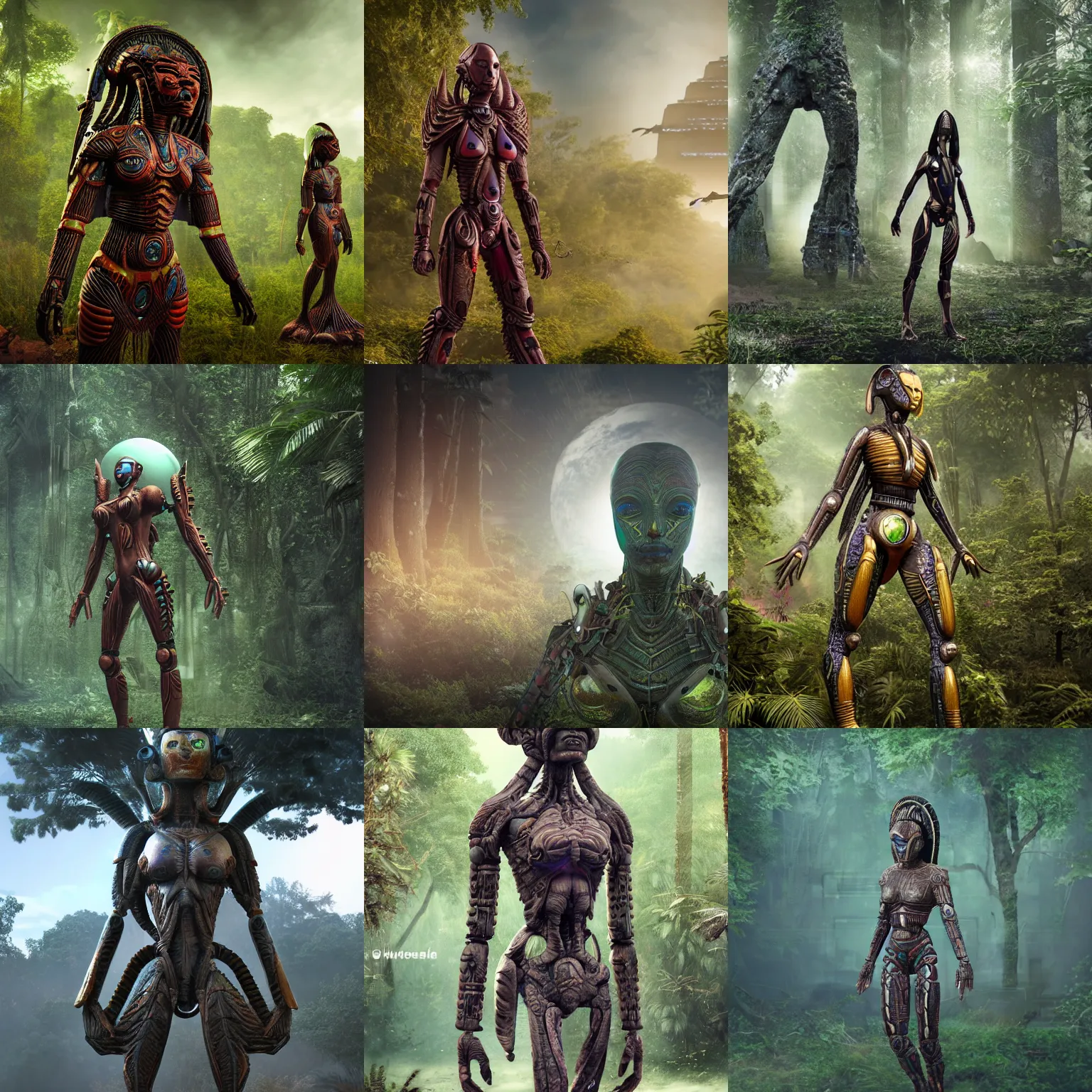 Prompt: humanoid warrior female alien species coming to earth to protect an ancient civilization which lives in the forest in a futuristic mayan style city / realistic / octane render