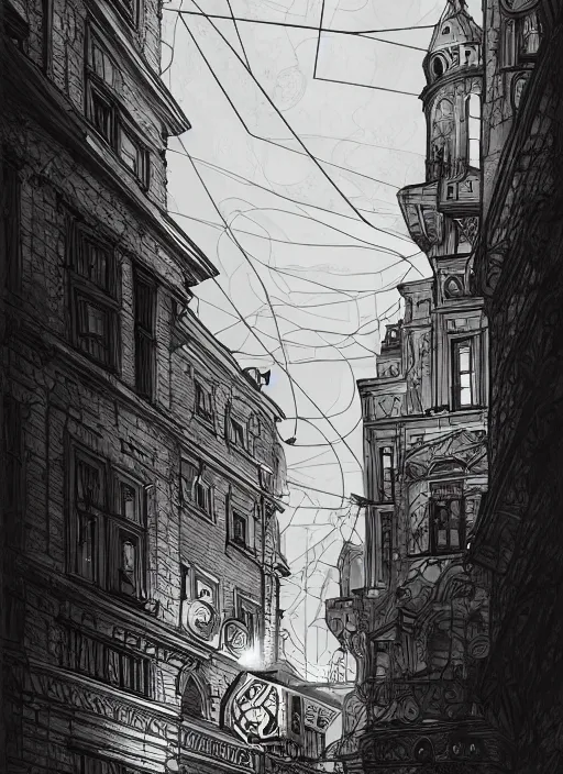 Image similar to Budapest , Dynamic lighting, cinematic, extremely high detail, photo realistic, cinematic lighting, pen and ink, intricate line drawings, post processed, concept art, artstation, matte painting, style by Paru Itagaki