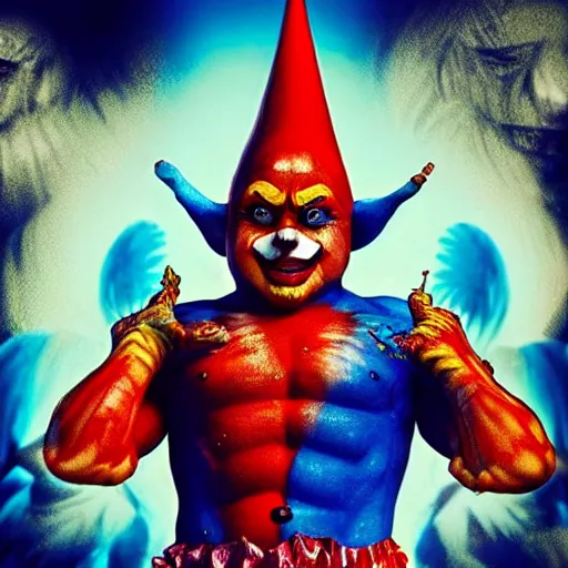 Image similar to 4K headshot of godlike clown with blue skin defined arms and open hands and bloody clothes with giant mandala wings , intricate clown face make-up , flawless anime cel animation by Kentaro Miura, psychedelic , highly detailed upper body , professionally post-processed , beautiful, scary, symmetry accurate features, epic, octane rendered, anime masterpiece, accurate