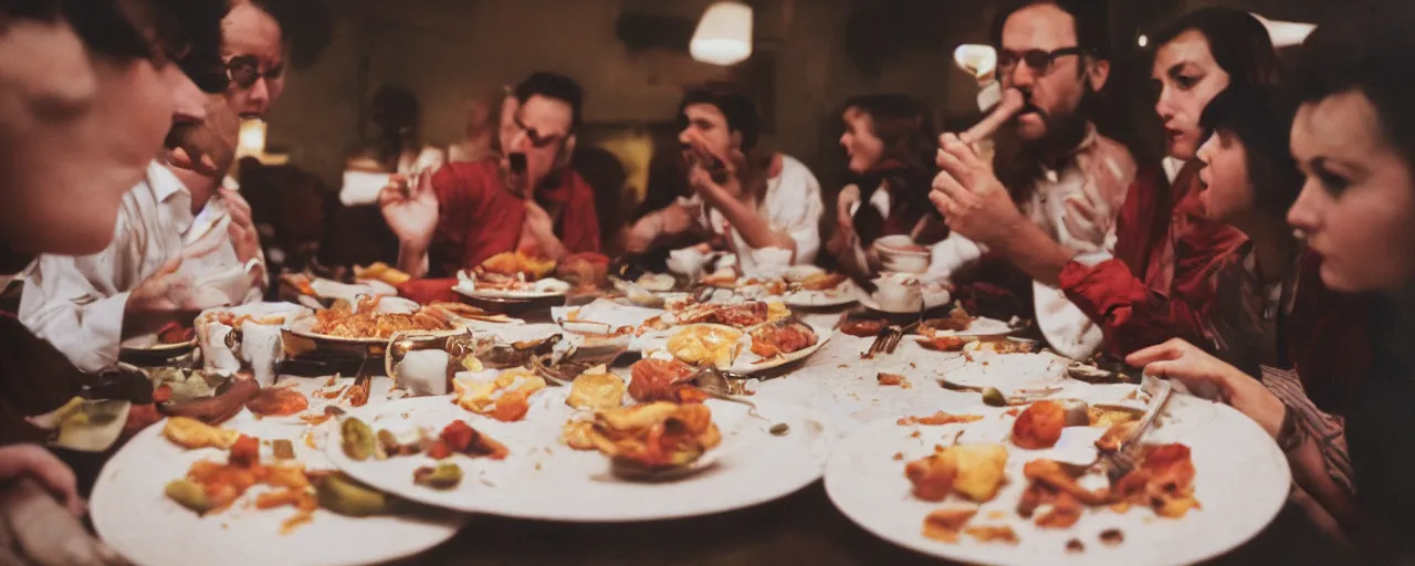Prompt: a group of people licking from the same plate, food scattered all around, tension, canon 5 0 mm, cinematic lighting, photography, retro, film, kodachrome, closeup