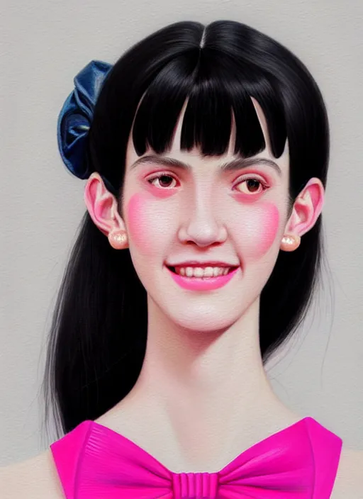 Image similar to portrait of high school girl, realistic, black hair, bangs, half updo hairstyle, pointy nose, skinny, smile, ugly, defined jawline, big chin, pink hair bow, earrings, intricate, elegant, glowing lights, highly detailed, digital painting, artstation, sharp focus, illustration, art by wlop, mars ravelo and greg rutkowski