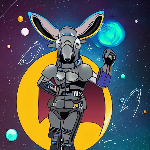 Prompt: cyberpunk donkey superhero, flying through space, ultrarealistic, with a spiral galaxy in the background