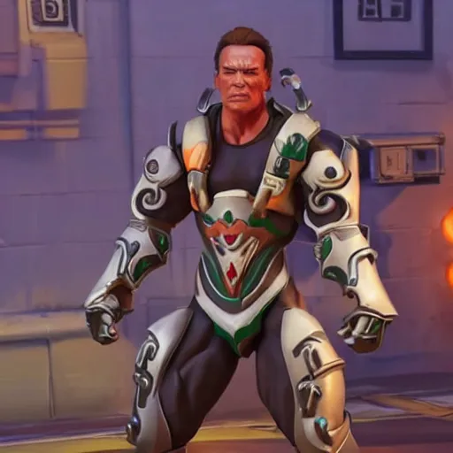 Image similar to a screenshot of arnold schwarzenegger as genji in overwatch, detailed, hyper realistic, award winning photo