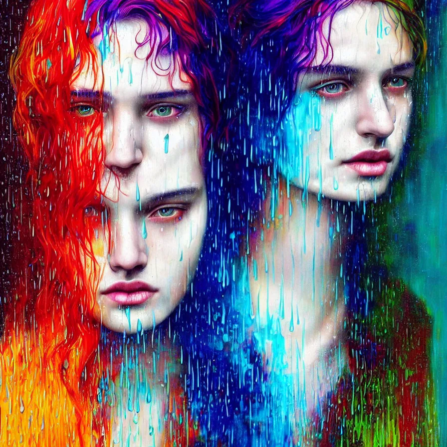 Image similar to bright asthetic portrait of LSD in rain with wet hair and one face, liquid, fantasy, intricate, elegant, dramatic lighting, highly detailed, lifelike, photorealistic, digital painting, artstation, illustration, concept art, smooth, sharp focus, art by John Collier and Albert Aublet and Krenz Cushart and Artem Demura and Alphonse Mucha