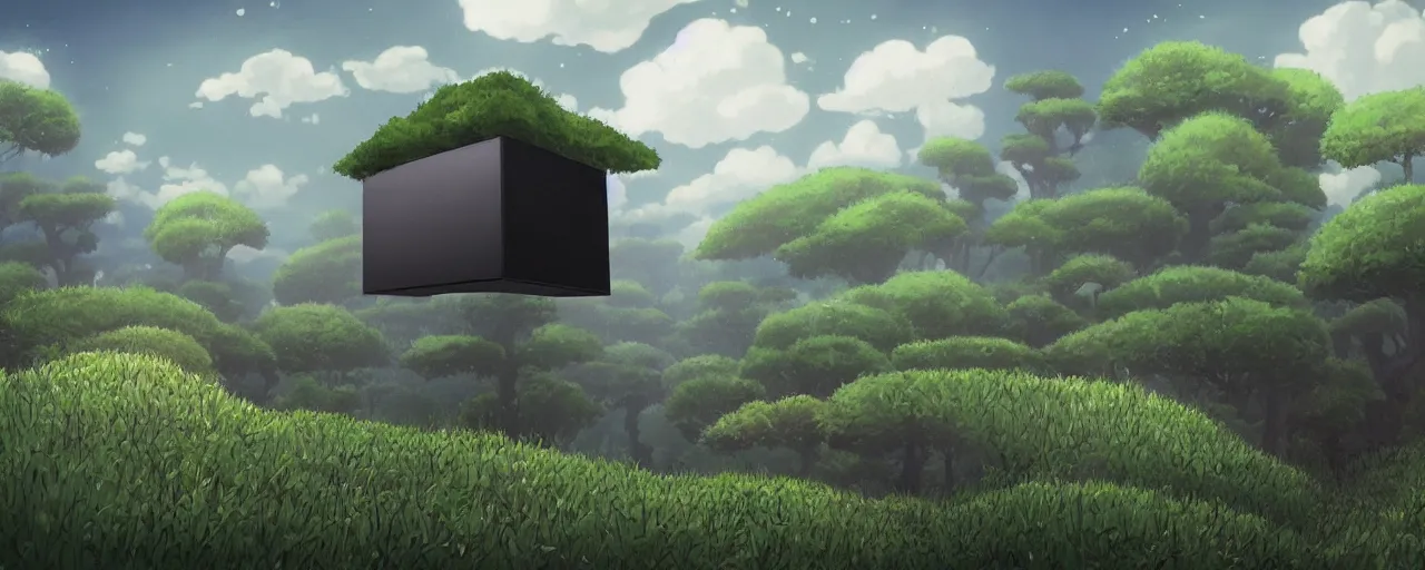 Image similar to one perfect hyper realistic black cube located at the right of a beautiful enchanted landscape in the style of Hayao Miyazaki.