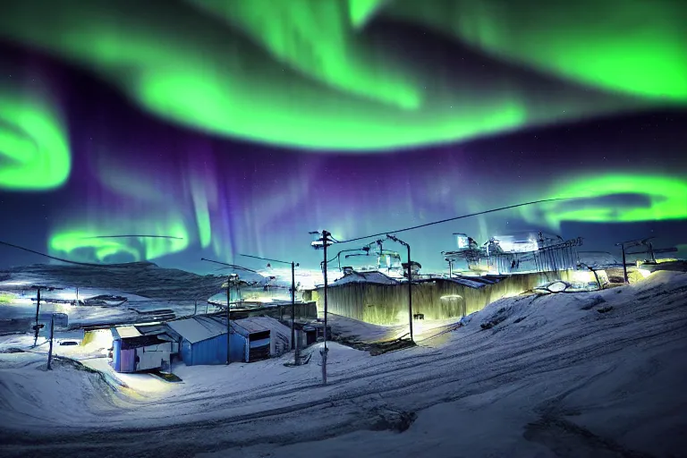 Prompt: favela winding cybernetic thrill ride, snowy arctic environment, industrial factory, bright, aurora borealis, award winning art, epic dreamlike fantasy landscape, ultra realistic,