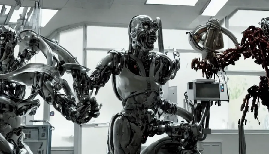 Prompt: big budget action movie about science lab, where a battle cyborg is killing a scientist