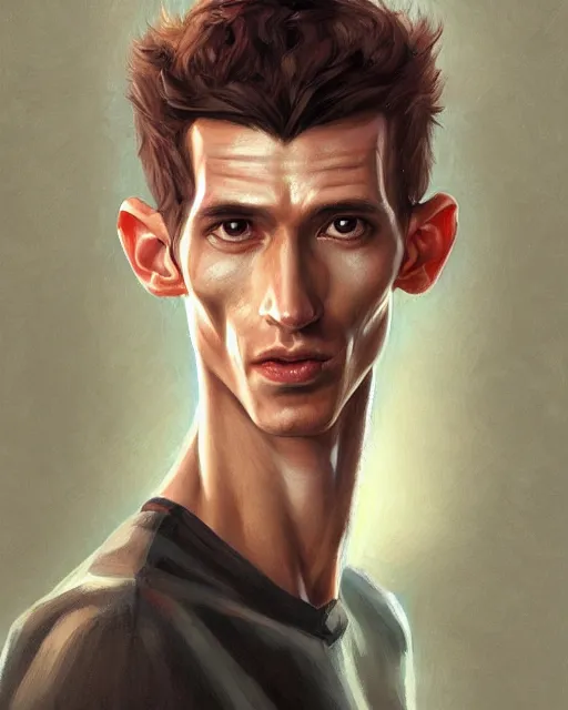 Prompt: semi realistic portrait of a skinny man having tree different eyes with a huge and big Adam's apple by Stanley Artgerm Lau, WLOP, Rossdraws, James Jean, Andrei Riabovitchev, Marc Simonetti, and Sakimichan, trending on artstation