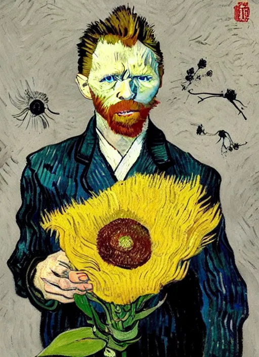 Prompt: hyper realistic painted vincent van gogh holding a flower drawn by chiara bautista and norman rockwell and greg rutkowski weta studio, and lucasfilm