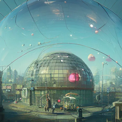 Prompt: A city trapped in a giant transparent dome, bubbles, cinematic lighting, insanely detailed, intricate, artstation, cgsociety, painted by Simon Stalenhag, concept art, illustration, sharp focus,