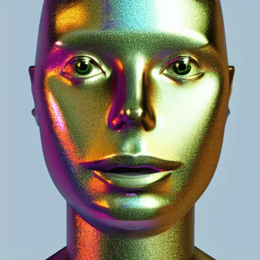 Image similar to 3d render of holographic human robotic head made of glossy iridescent, surrealistic 3d illustration of a human face non-binary, non binary model, 3d model human, cryengine, made of holographic texture, holographic material, holographic rainbow, concept of cyborg and artificial intelligence