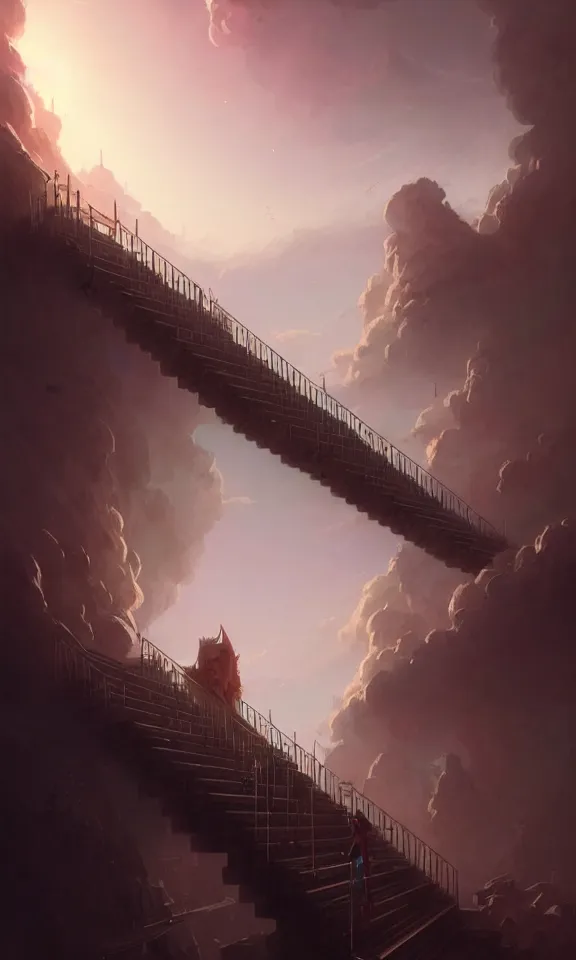 Image similar to endless stairs to universe, sky full of clouds, art by greg rutkowski and peter mohrbacher, featured in artstation, octane render, cinematic, elegant, intricate, ultra detailed, rule of thirds, professional lighting, unreal engine, fantasy, concept art, sharp focus, illustration, 8 k