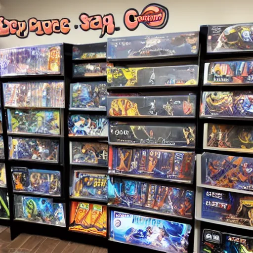 Image similar to trading card game store, nerdy, good vibes, friendly employees, good community, no colluding