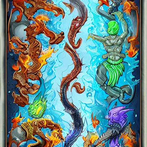 Image similar to water vs fire elemental beings, d & d style, trending on artstation, colorful, intricate,