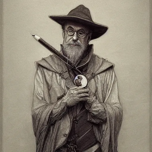 Prompt: beautiful lifelike award winning pencil illustration of terry pratchett trending on art station artgerm greg rutkowski alphonse mucha museum quality cinematic atmospheric