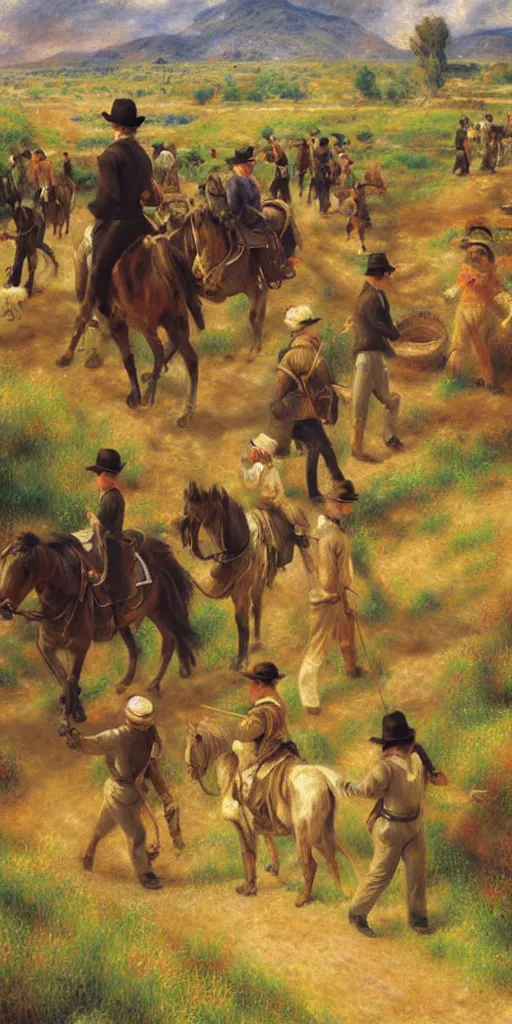 Prompt: oil painting of mormon pioneers crossing the plains, painting by renoir and yong sung kim, masterpiece, stylized