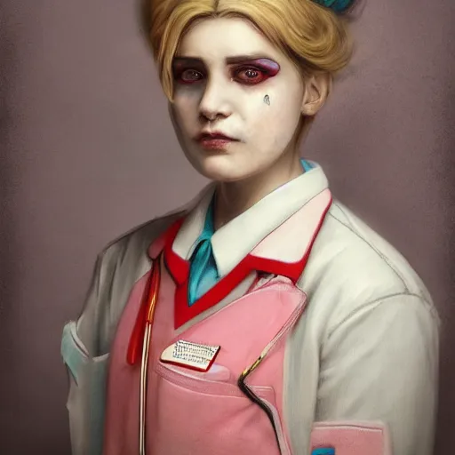 Image similar to clowncore pastel punk young hospital nurse wearing stylish uniform. detailed, portrait, 8 k, artwork by jean - baptiste monge