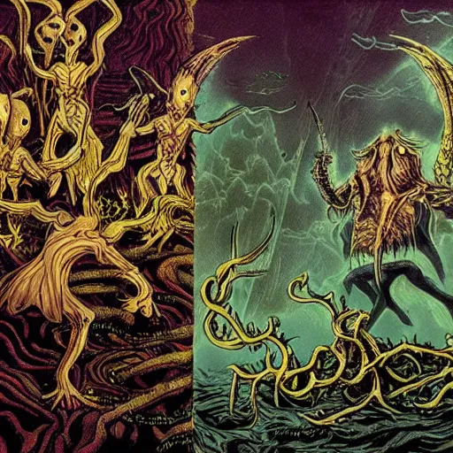 Image similar to epic battle between golden angles of peace and the squid demons of the nether in a dark swamp forest by tim burton and bill henson