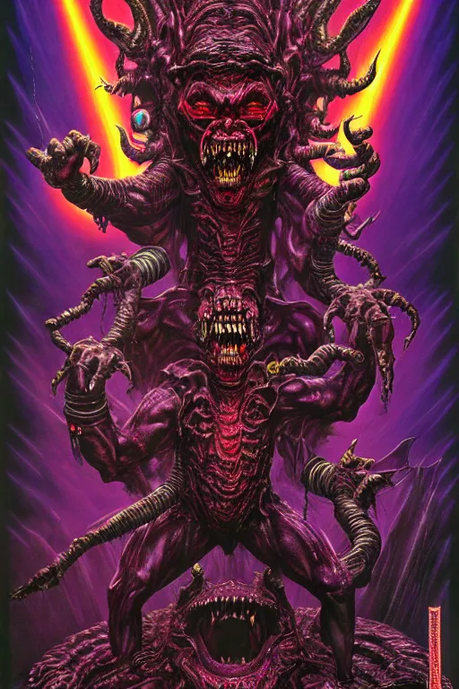 Image similar to a hyperrealistic rendering of an epic boss fight against an ornate supreme dark vampire overlord, cinematic horror by chris cunningham, lisa frank, richard corben, highly detailed, vivid color,