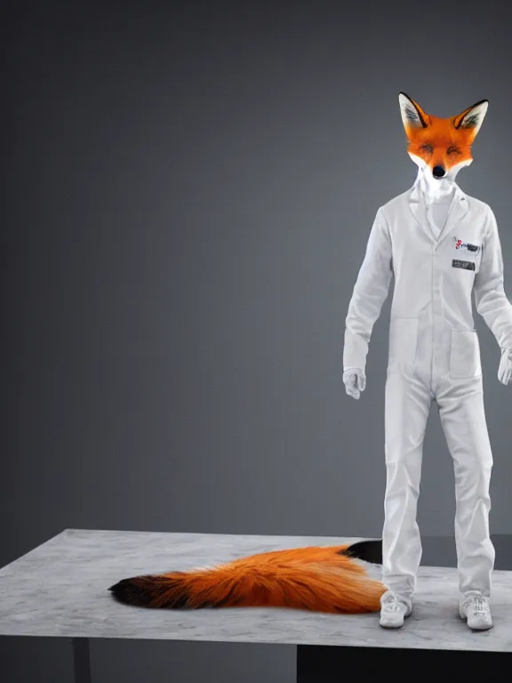 Image similar to a humanoid fox wearing a scientist white coat, chemicals on a white table in front of the fox, digital art, digital painting, masterpiece, anatomically correct, five fingers, cinematic, high coherence, realistic, high quality, highly detailed, 8 k, dramatic lighting, path traced, centered, high definition