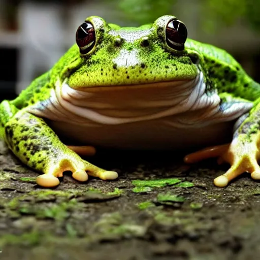 Prompt: worlds fattest frog eating a cat