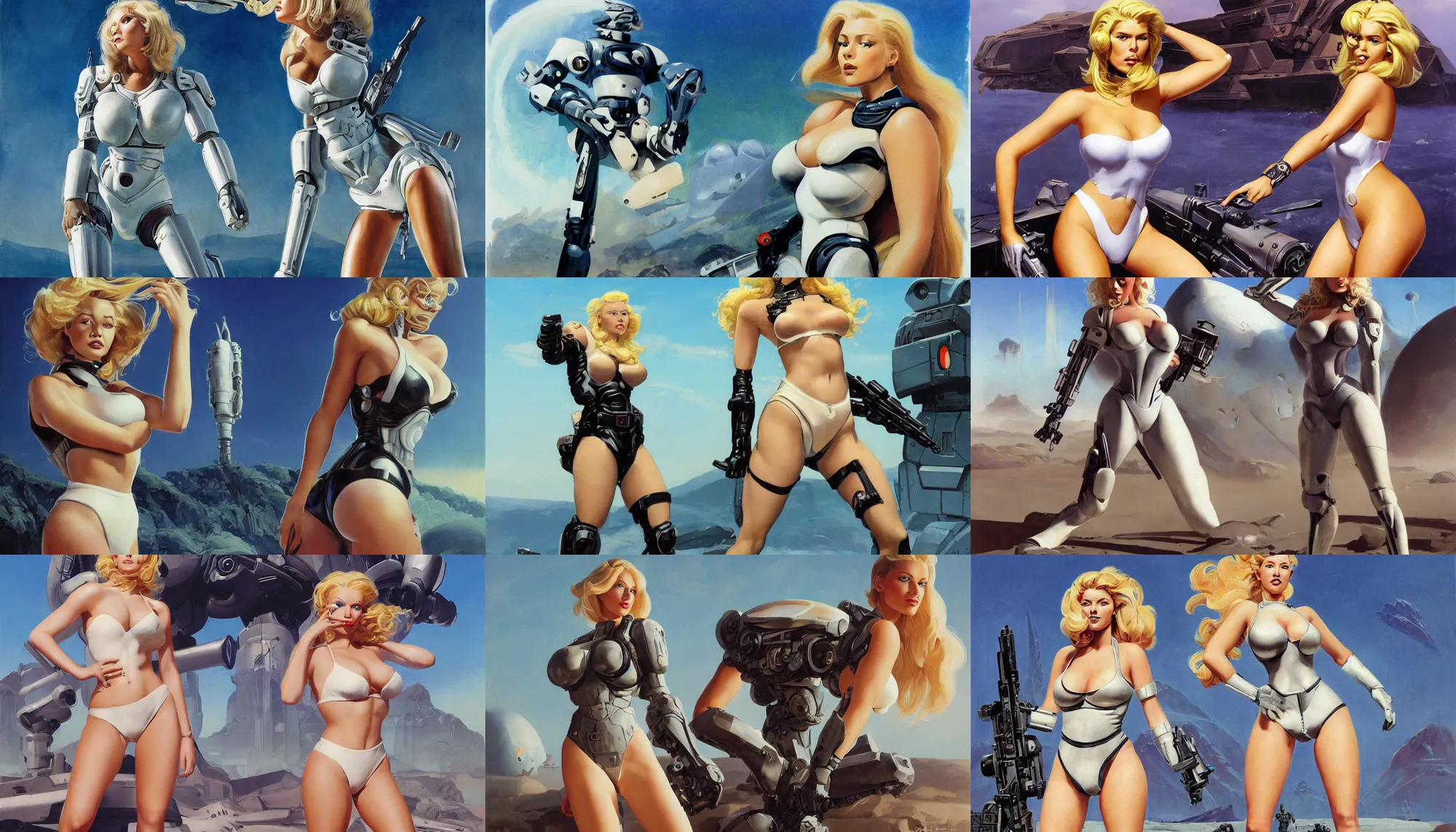 Prompt: A mixed media portrait painting of a very beautiful blonde woman on an alien planet, very curvy, aesthetic! high-waisted white-bikini-armor and boots, cybernetics, starship-troopers-rifle, aesthetic symmetrical face and eyes, model, wet, pacific-rim-mech in background, by Frank Frazetta, Boris Vallejo, Beeple, Greg Rutkowski, Christian MacNevin, eighties pinup style, epic fantasy character art, high fantasy, CGsociety, exquisite detail, post-processing, masterpiece, cinematic