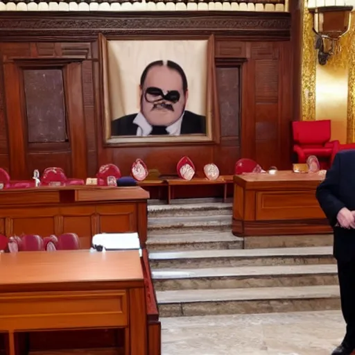 Prompt: Wario in the Albanian Senate