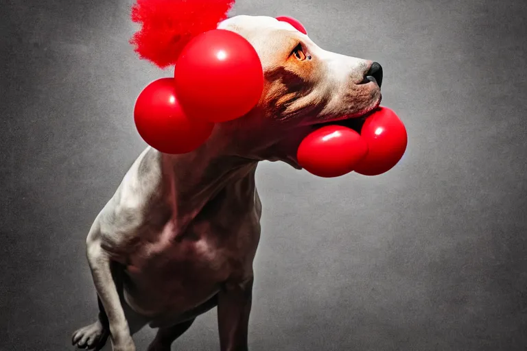 Prompt: an angry pit bull wearing clown makeup and a red rubber nose, 4 k, hdr color