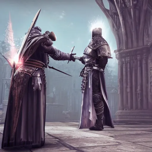 Prompt: a priest blessing a paladin, dark souls 3 aesthetic