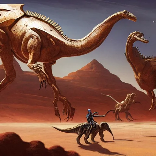 Image similar to hard metal rockers riding dinosaurs in the space desert, boris vallejo style, steampunk, hyper detailed, digital art, cinematic lighting, concept art by artgerm and greg rutkowski and caravaggio and moebius and jakub rebelka, 8 k