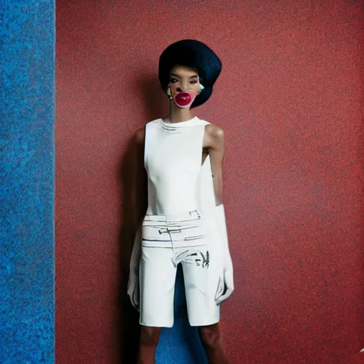 Image similar to realistic photoshooting for a new balenciaga lookbook, vhs colour photography, portrait of model Winnie Harlow woman, in style of Tyler Mitchell, 35mm,