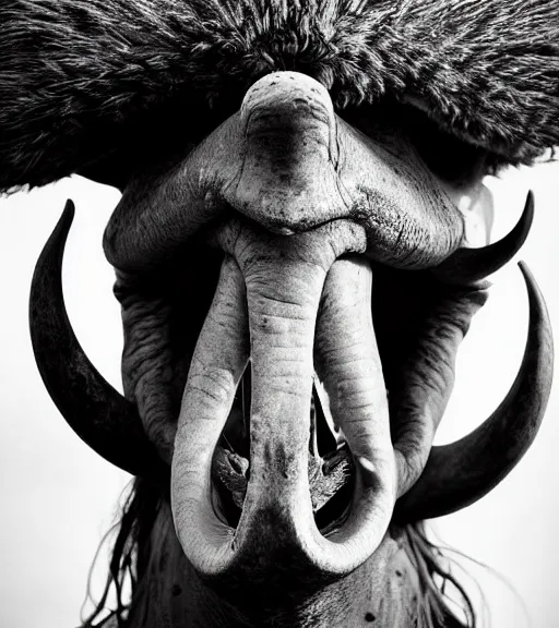 Prompt: Award winning Editorial up-angled photograph of Early-medieval Scandinavian Folk ostrich Baring its teeth with incredible hair and fierce hyper-detailed eyes by Lee Jeffries and David Bailey, 85mm ND 4, perfect lighting, a heart-shaped birthmark on the high forehead, dramatic highlights, wearing traditional garb, With very very huge sharp jagged Tusks and sharp horns, gelatin silver process